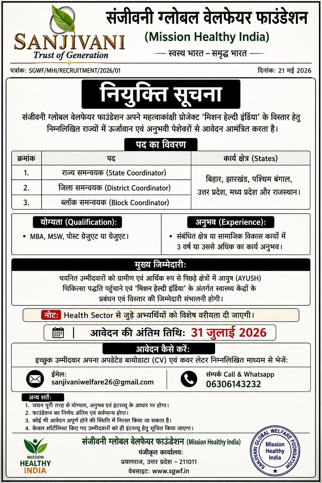 Mission Healthy India Recruitment